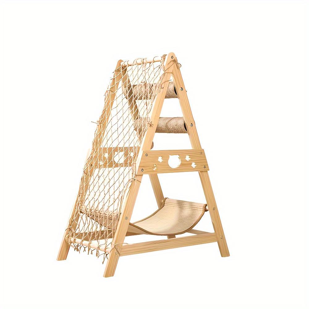 Wooden Cat Tree With 2 Scratching Posts, Summer Cat Bed, Indoor Multi-cat Castle Tower With Climbing Net Toys.
