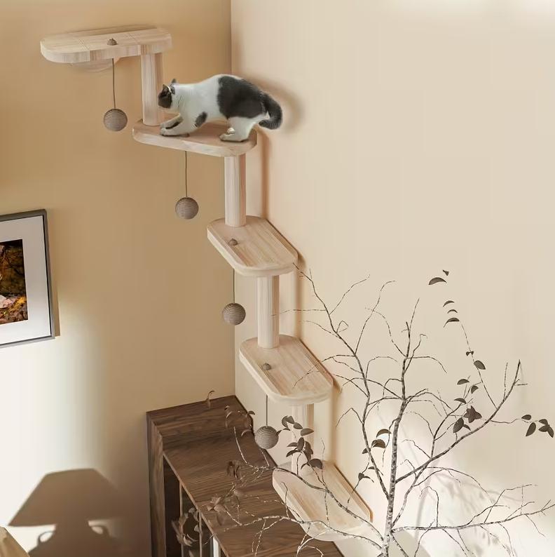 DIY Modular Cat Wall Climbing Frame, 4 Cat Balls, Multi-tiered Cat Tree, Wall-mounted Space-saving Indoor Cat Climbing Frame, Cat Play And Activity Center, Wooden Cat Furniture