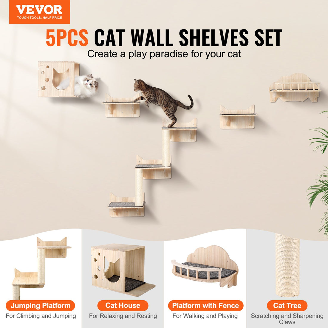 Wall Mounted Cat Shelves Tree With Jumping Boards Nest Furniture Set Of 5