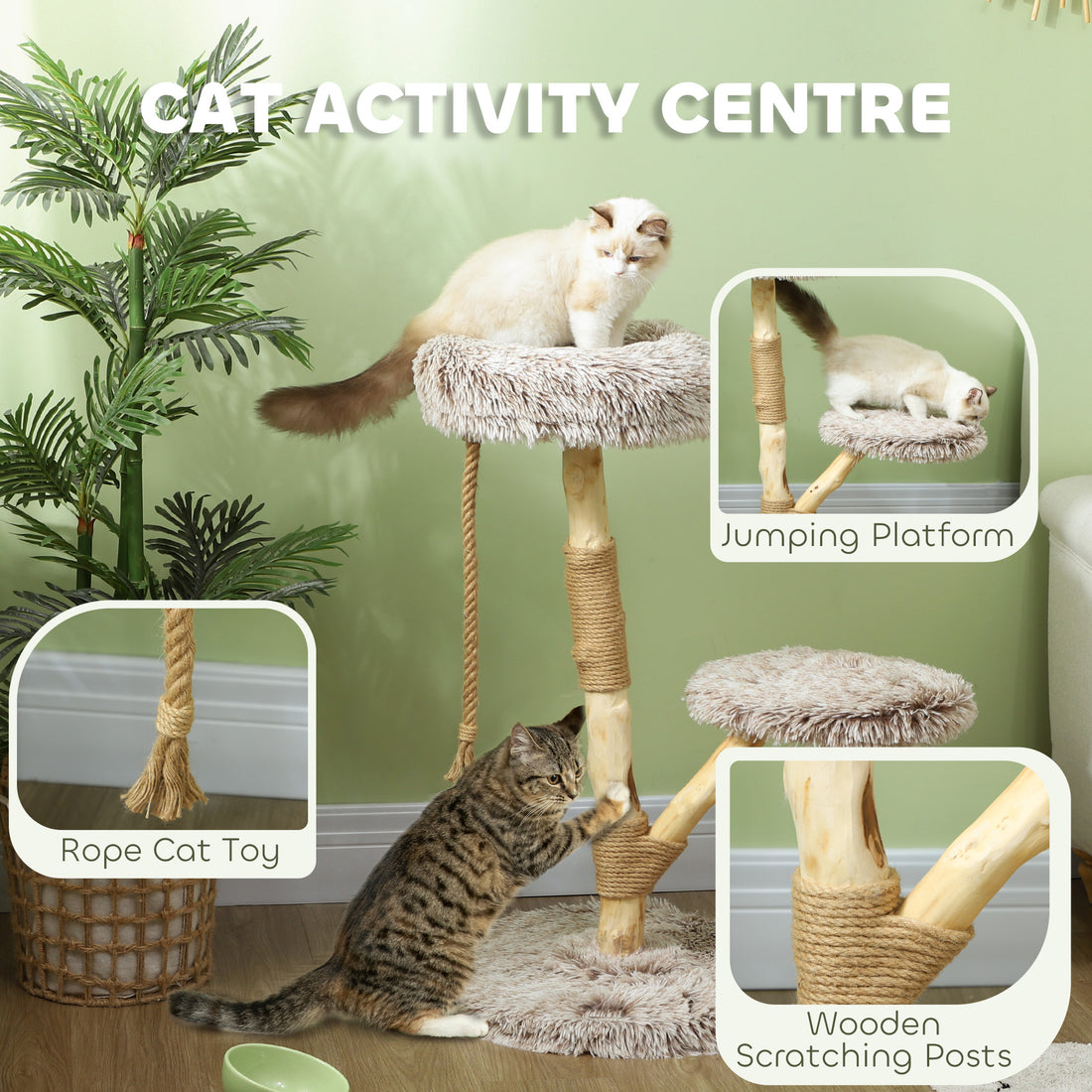 35 Inch Modern Cat Tree for Indoor Adult Cats with Wooden Scratching Posts, Cat Bed & Rope Cat Toy, Brown