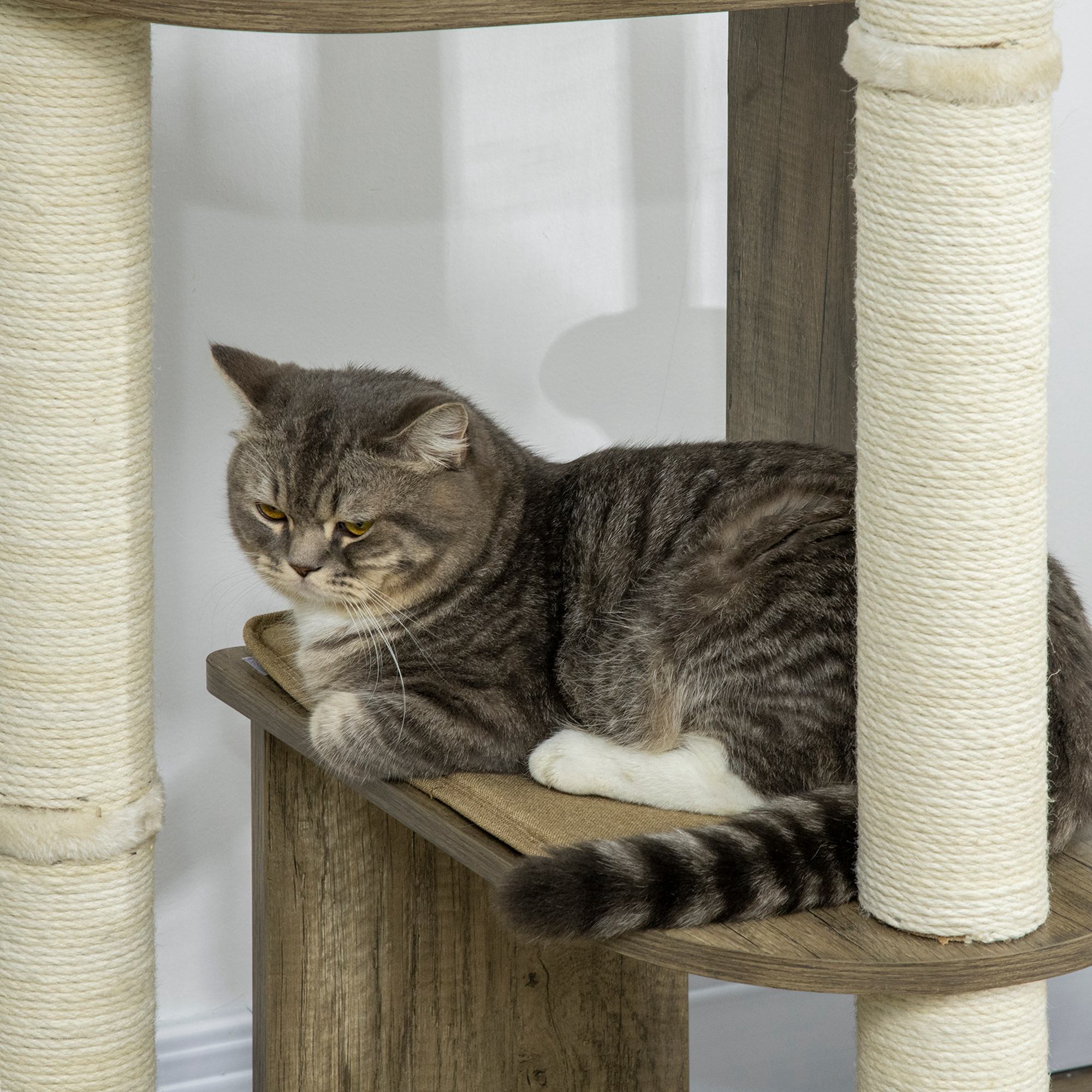 65" Corner Modern Cat Tree Tall for Climbing, Large Multilevel Cat Tower with Scratching Posts, Small-Fit Kitten Tower with Sisal, Cream White